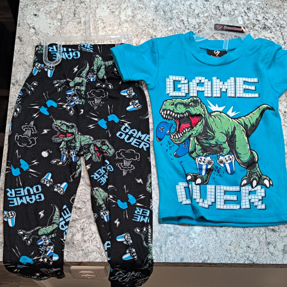 QuadSecen Boys 2-Piece Dinosaur Game Over Pajama Set 4T Blue Top Black Pants